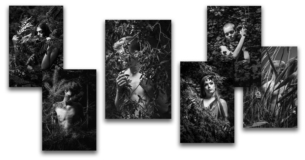A collection of six vertical monochromatic fine art portraits from the Estranged series, featuring young individuals navigating dense vegetation like pine needles and reeds. The subjects are often in soft focus while the flora remains sharp, symbolizing the search for a foothold in a complex world.